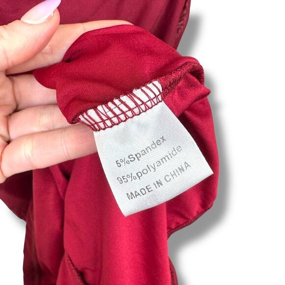 MEROKEETY Wine Red Ruched Bodycon Puff Sleeve Mesh Cocktail Party Midi Dress - Picture 12 of 13